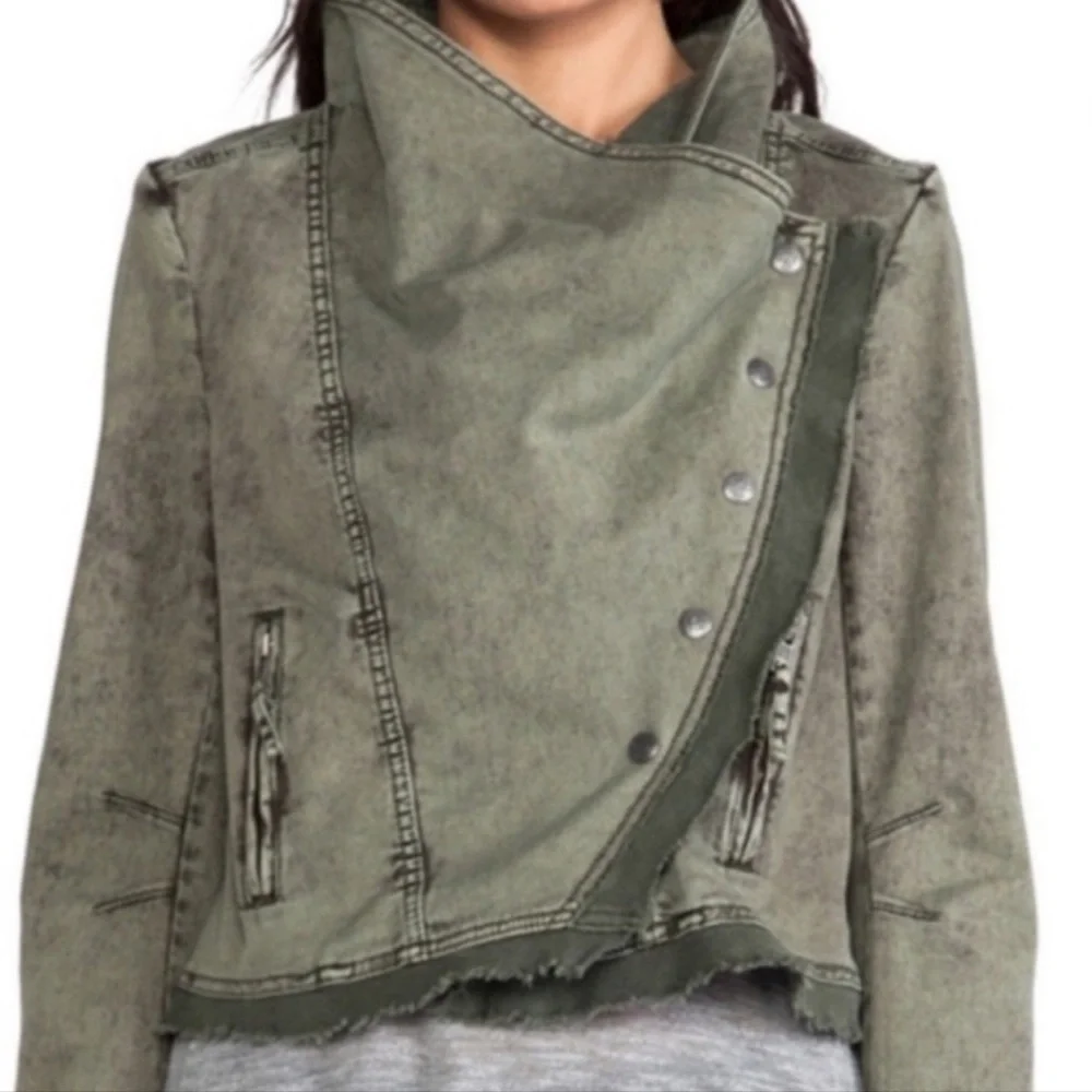 ❤️ Free People Army Green Stretch Twill Moto Collapsing Front Jacket - Picture 2 of 11
